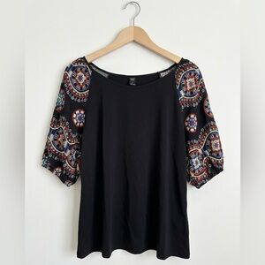 Emery Rose Black Bohemian Blouse Short Colorful Embroidery Print Sleeves NWOT